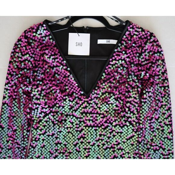 SHO x Tadashi Shoji Sz XXS Hot Pink Long Sleeve Paillette Body-Con Dress - Picture 8 of 16